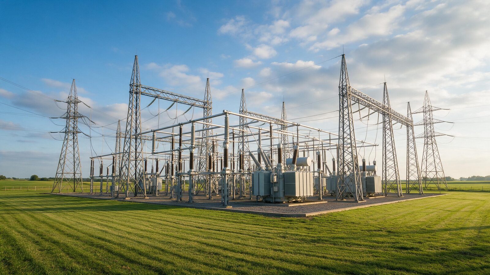 High-voltage electrical substation and transmission towers in open countryside.
